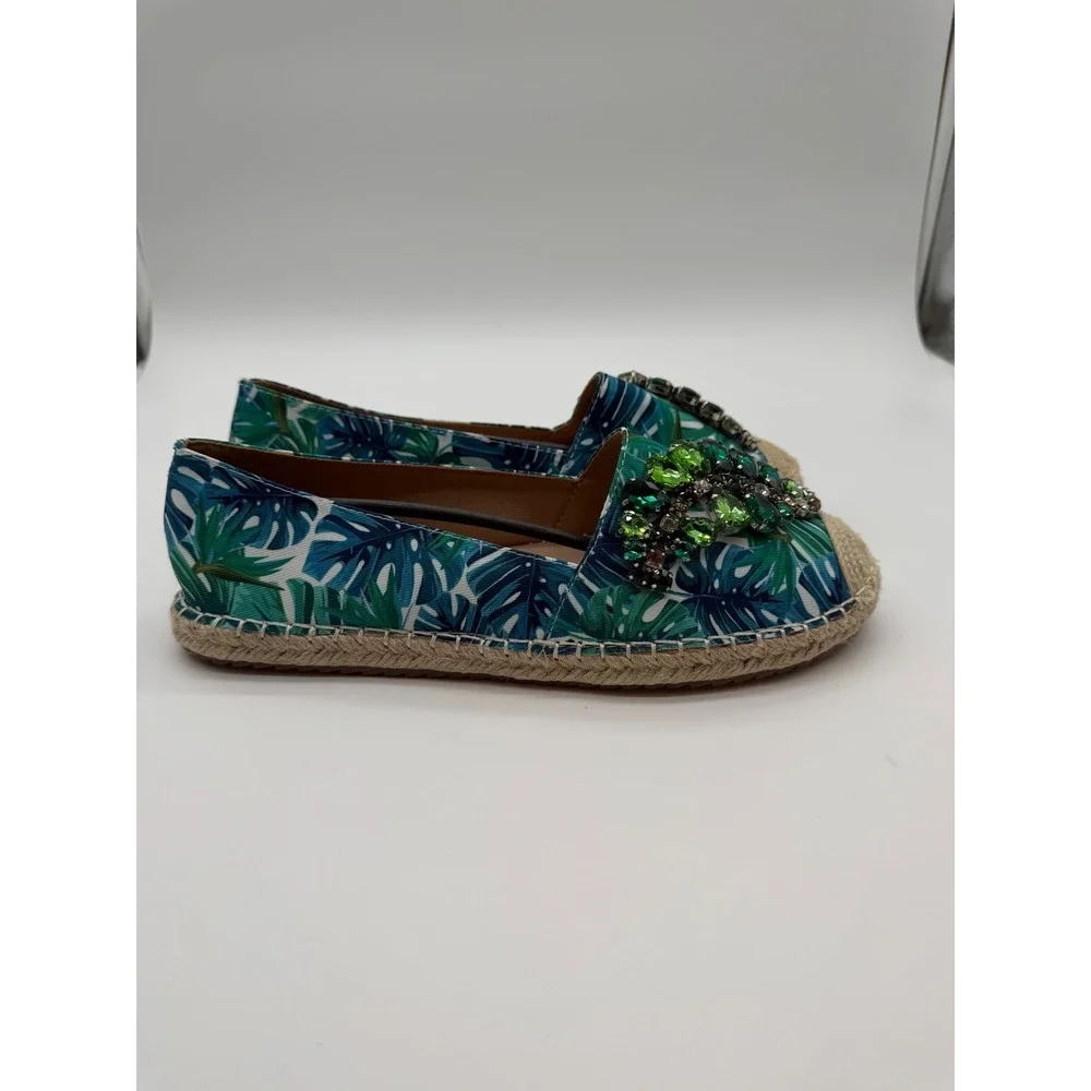Lauren Lorraine Tropical Palm Print Gemstone Espadrille Flats Green Blue 8.5